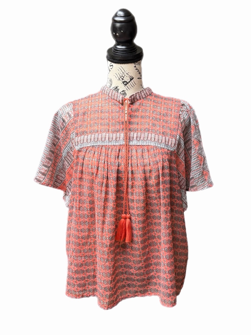 Lucky Brand Blouse Women's Drawstring Band Collar Pleated Top M